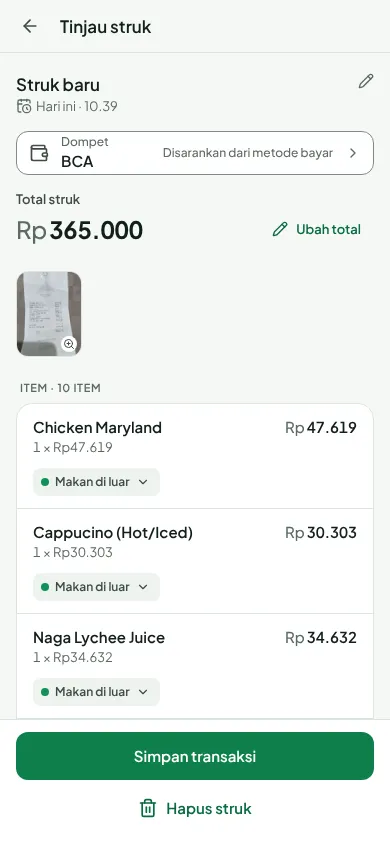 Finensia receipt review screen: ten items from one receipt, each with its own category