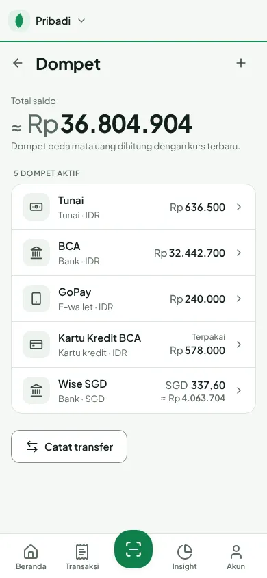 Wallet list with a balance for each
